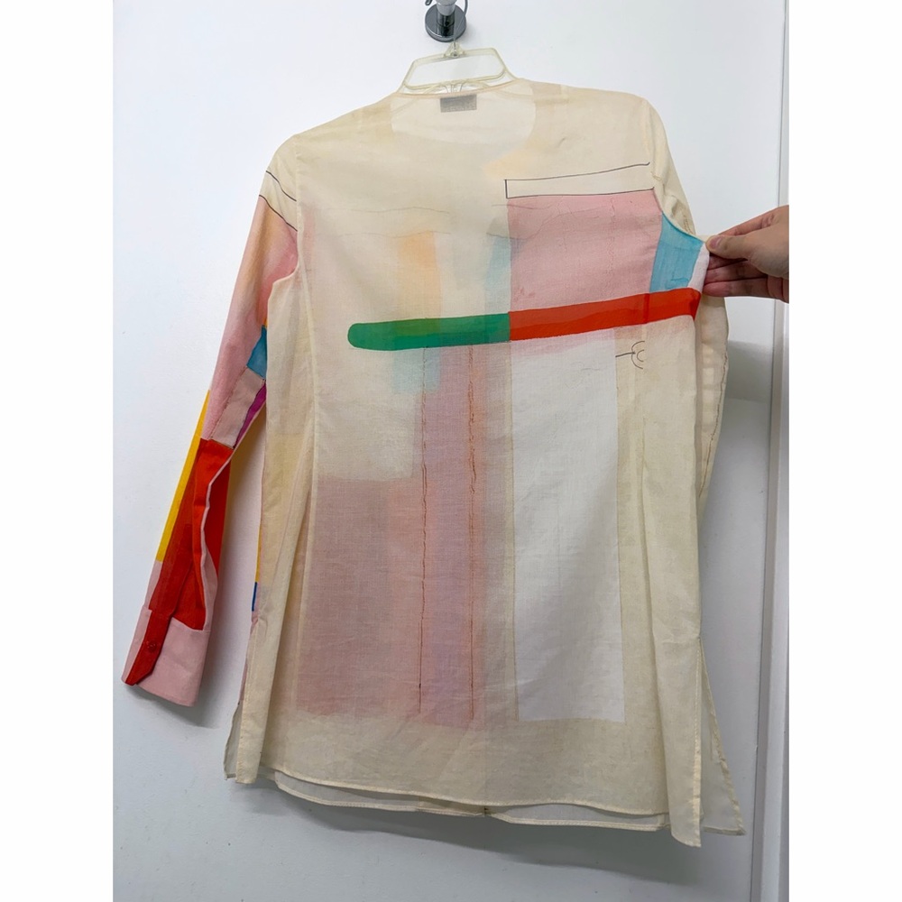Akris Mural Print Cotton Shirt Tunic Blouse Red Beige Colorblock Geometric 6 - Picture 11 of 13